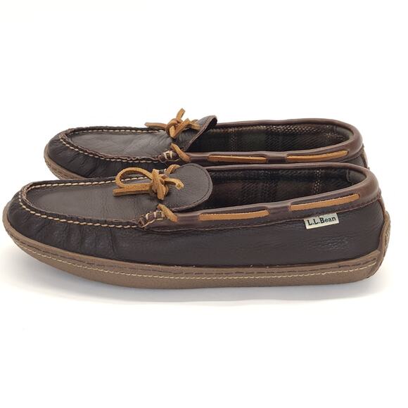 LL Bean Mens Double Sole Slippers 10M Brown Leather Flannel Moccasins Loafers - Picture 2 of 8
